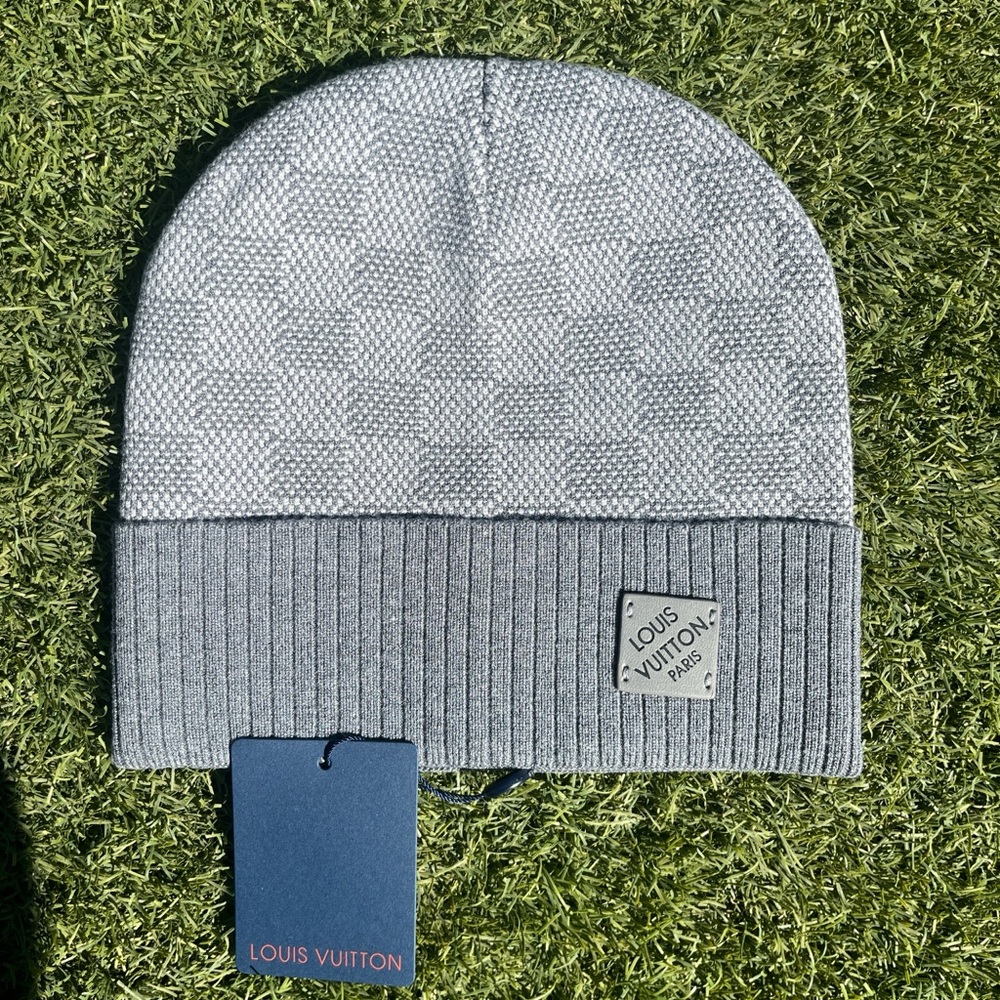 Louis Vuitton Gray Textured Knit Beanie with Logo Patch